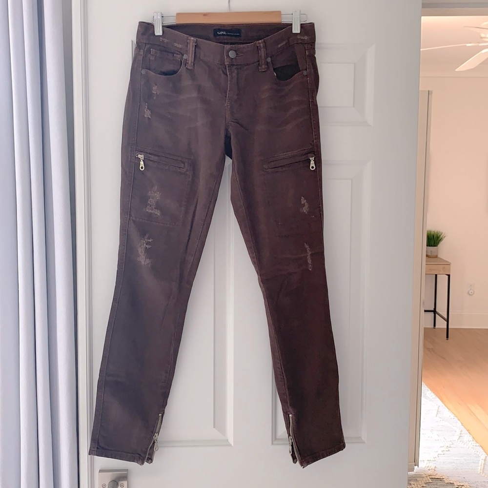 Tapered zip leg chocolate colored “jeans”